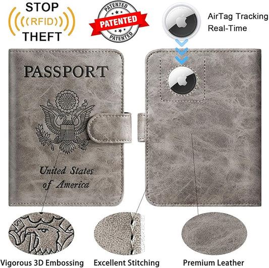 Airtag Passport Holder Cover Wallet RFID Blocking Leather Case Travel Essentials Luggage Accessories Travel Must Have(118#Grey)