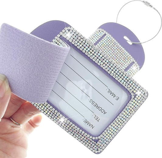 Purple Leather Luggage Tags for Women's Suitcases Cute Bling Diamond Travel Tags for Cruise and Travel Essentials-2 Packs