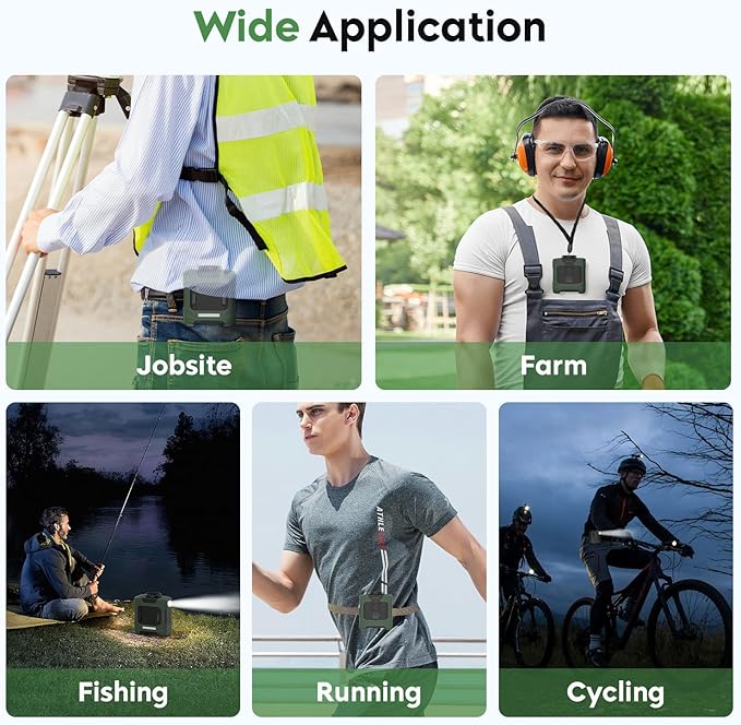 Portable Waist Fan 18000RPM Strong Airflow Waist Fan Belt fan With Max 12H Working Time 3 Speeds adjustment With LED flashlight Rechargeable Personal Fan for Outdoor Jobsite(Green)