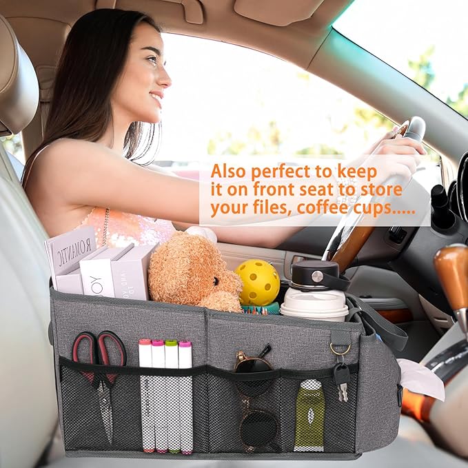 HEYSKAY Car Organizer with Tissue Box, Coffee Cup Drink Holder, Toy Books Storage for Car (Grey)