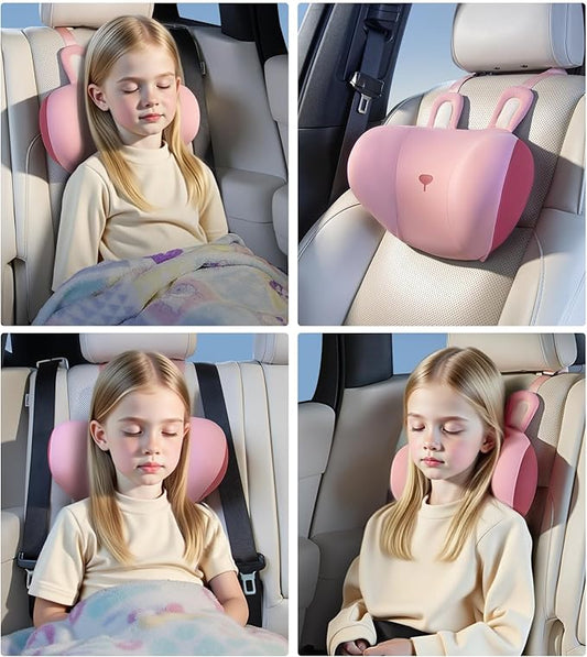 BEBAS Car Neck Pillow Travel - Adjustable Memory Foam Neck Support Pillow for Sleeping, Breathable & Machine Washable Cover, Soft Support for Adults & Kids - Gift (Pink - Rabbit)