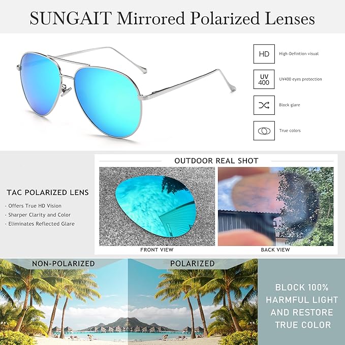 SUNGAIT Women's Lightweight Oversized Aviator Sunglasses - Classic Style Polarized Lens