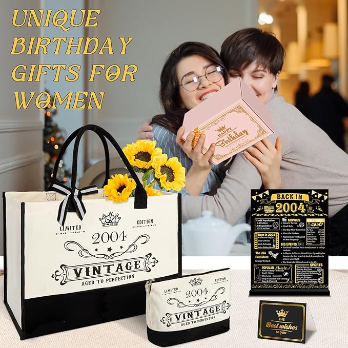 21st Birthday Gifts for Her Canvas Tote Bag Travel Gear, Unique 21 Years Old Birthday Gifts for Girlfriend Sister Friends Women, Vintage 2004 Handbag & Cosmetic Bag & Back in 2004 Poster