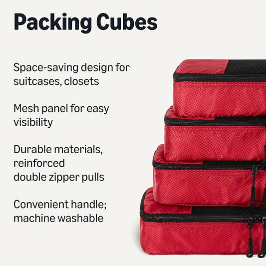 Amazon Essentials 4-Piece Packing Cubes Travel Accessories Set, Luggage Organizer with Double Zipper, Mesh Top, 100% Polyester, Slim, Red (Previously Amazon Basics)