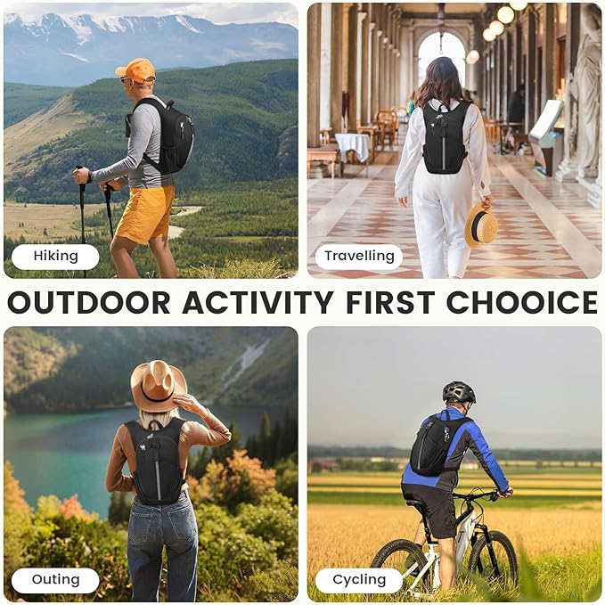 Small Hiking Backpack 10L - Lightweight Packable Foldable Backpack for Travel Camping Outdoor Commute, Compact Rucksack for Women Men(Black)