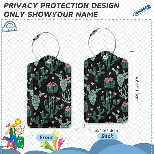 Abstract Cactus Plants Luggage Tag for Suitcase 2 Pcs Unique Leather Suitcase Tags with Full Privacy Cover Stainless Steel Loop for Women Men Travel Baggage Bag Backpack