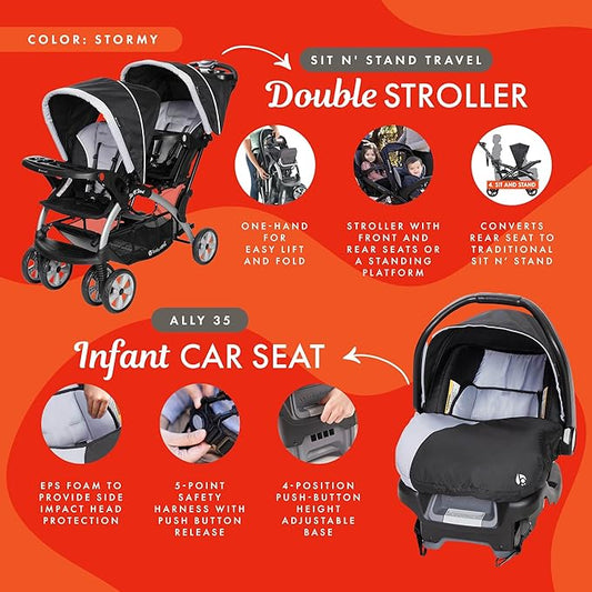 Baby Trend Infant and Toddler Double Stroller & Car Seat Combo, 2 Pc Set, Stormy - Portable and Lightweight Stroller Duo and Car Seat Travel System Tandem