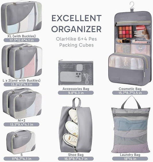 ALL INCLUDED 10 Set Durable Packing Cubes for Suitcases,OlarHike Essentials for Travel,UPGRADED Anti-Tear Stitching, NEW Improved Luggage Packing Organizers for Travel Accessories (Ash)