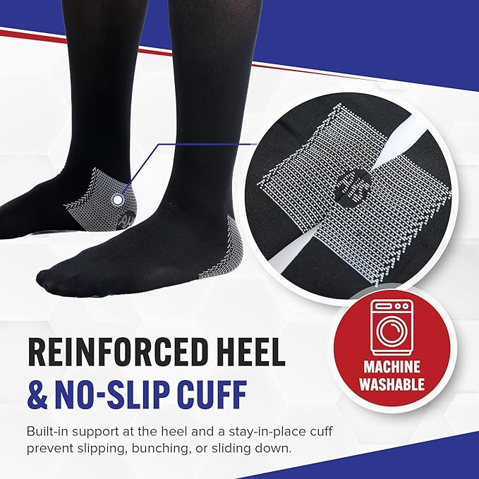 American Hospital Supply Knee High Compression Socks | 15 - 20 mmHg Black Large Lighweight Compression Stockings | Pack of 3 Pairs Therapuetic Support Socks