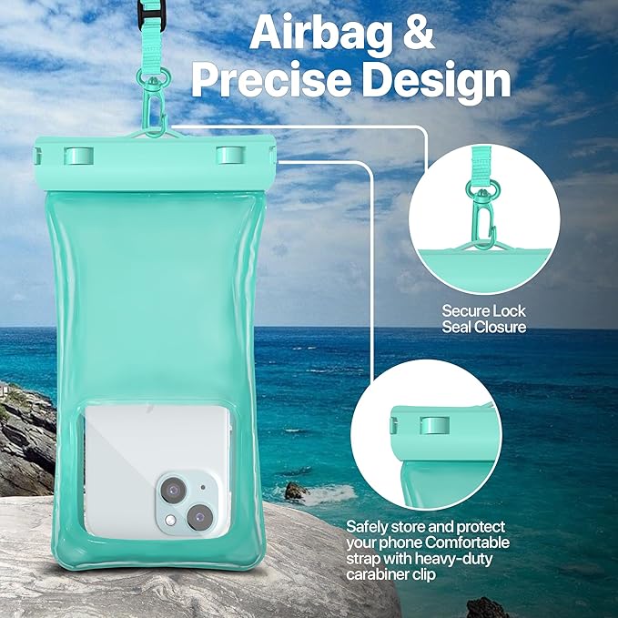 NEPHI IP68 Waterproof Phone Pouch 2 Pack-Up to 8.0",Adjustable Neck Lanyard Floating Waterproof Phone Case for iPhone,Phone Dry Bags for Vacation Beach Pool Travel Essentials (Aqua Green White 2 pack)