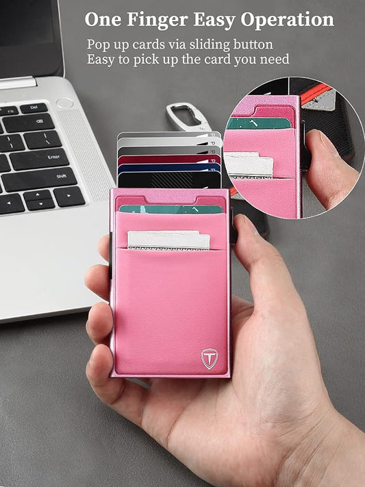 Slim Front Pocket Wallet,Pop Up Card Holder Wallets for Men and Women Aluminum Compact Wallets with RFID Blocking,Small Ultralight 6-12 Card Capacity Metal Wallets,Pink