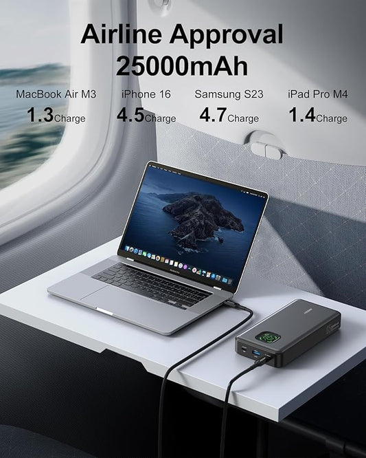 65W Power Bank, 25000mAh Travel Essential USB C Laptop Portable Charger, 100W Total Fast Charging Battery Pack for MacBook Dell XPS iPad Tablet Steam Deck iPhone 17-12 Series Samsung Switch and More