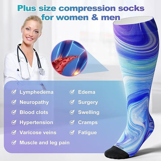 LEVSOX Plus Size Compression Socks for Women Men Wide Calf Extra Large 15-20 mmHg Knee High Sock for Nurses Pregnant Travel