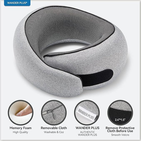 WANDER PLUS® Travel Neck Pillow, Pure Memory Foam Neck Pillow for Airplanes, Comfortable Breathable Cover, 360 Degree Support Ergonomic Design Best for Sleeping Plane Train Travel Essentials Max Pink