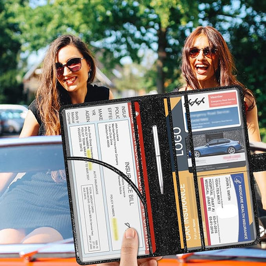 DMLuna Car Registration and Insurance Holder, Leather Vehicle Card Document Glove Box Organizer, Auto Truck Compartment Accessories for Essential Information, Driver License Cards, Glitter Black