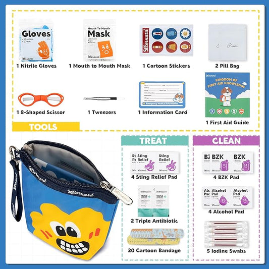 StBernard Kids First Aid Kit, EDC Mini Portable Medical Kit with Cute Bandages, Triple Antibiotic for Children's Daily Boo-Boos, Suits for Home, School, Hiking, Cub Scouts, Backpacking (Blue)