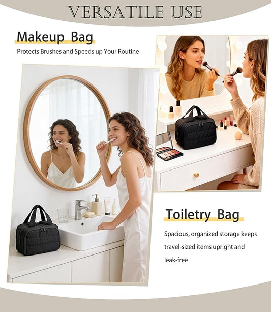 Travel Toiletry Bag for Women, Large Wide-open Puffy Cosmetic Makeup Bag with Wet-Dry Separation, Multi-Pocket Organizer with Carry Handle for Toiletries, Cosmetics, Essentials, Black
