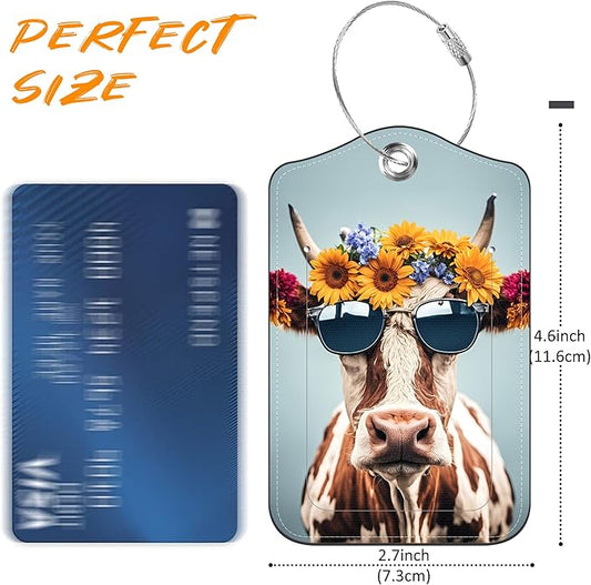 2 Pack Luggage Tag for Suitcase Cool Cow in Sunglasses Leather Travel Cruise Luggage Tag with Stainless Steel Loop Name ID Label Privacy Cover for Adults Teens Travel Bag Labels Set