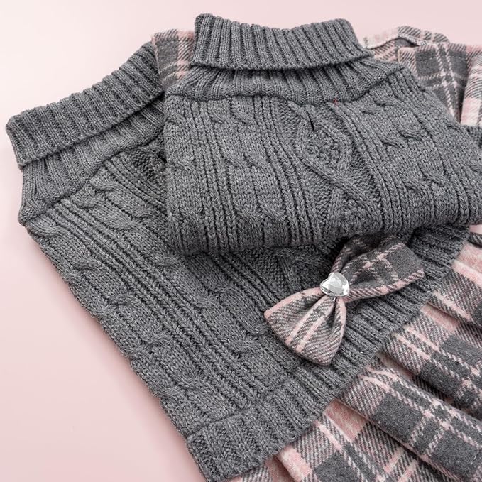 YUDODO Small Dog Sweater Dress with Bowtie Turtleneck - Knitted Pet Girl Dog Winter Clothes - Pet Warm Sweater for Puppy Yorkies, Chihuahua (S Grey)