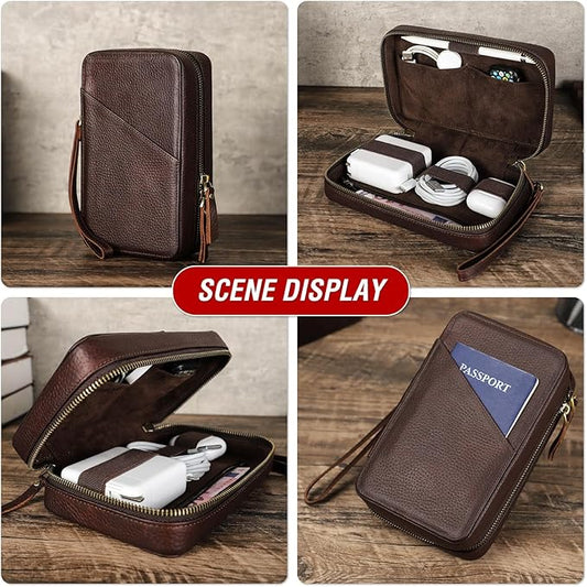 Electronic Organizer Case Tech Kit, Top Grain Leather Handmade, Portable Compact Travel Electronic Accessories Storage Case Fits Phone, USB Cables, Chargers, Hard Drive, Cards, Apple pencil