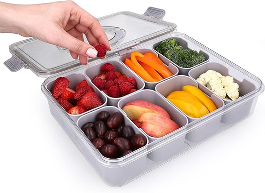 Snackle Box Container with Lid- Travel Charcuterie Box with Handle - Organizer for Candy, Fruit, Nuts, Veggies, Snacks, Beach Essentials, Portable Lunch Box (Grey, Large)