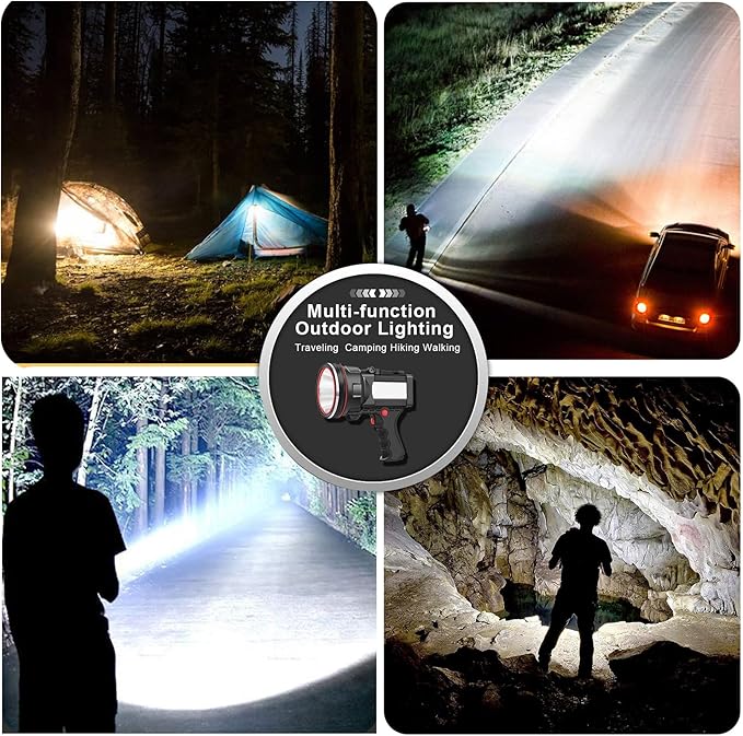 Rechargeable Spotlight Flashlight, Super Bright Handheld Spot Light with COB Light & Foldable Stand, Waterproof Long Lasting Hand Held Searchlight Spotlight for Boating Camping Hunting Fishing