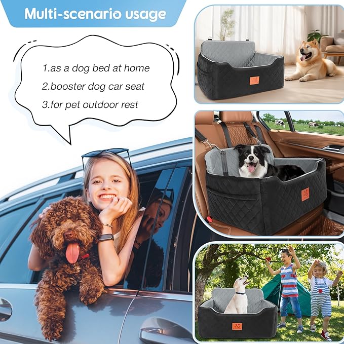 Dog Car Seat for Medium/Large Dogs,Pet Booster Car Seats for Under 50lbs or 2 Small Dogs, Detachable and Washable Pet Bed,Multi-Functional Travel Dog Bed(Black/Grey)