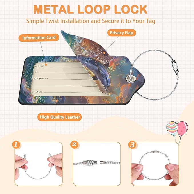 Colorful Turtle Shark 3 Pack PU Leahter Luggage Tag with Stainless Steel Loop, Cute Dolphin Jumping Sunset Travel Suitcase Labels with Privacy Cover ID Label Quickly Spot for Bags