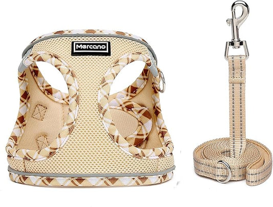 Mercano Soft Mesh Dog Harness and Leash Set, No-Chock Step-in Reflective Breathable Lightweight Easy Walk Vest Harnesses with Safety Buckle for Small Dogs, Cats (Beige, L)