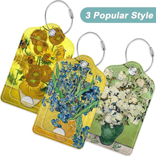 Rimilak 3 Pcs PU Leather Luggage Tags for Suitcase, Travel Cruise Luggage Tag with Privacy Flap, Name ID Label and Metal Loop for Women Men Baggage Handbag School Bag Backpack, Flower Vase