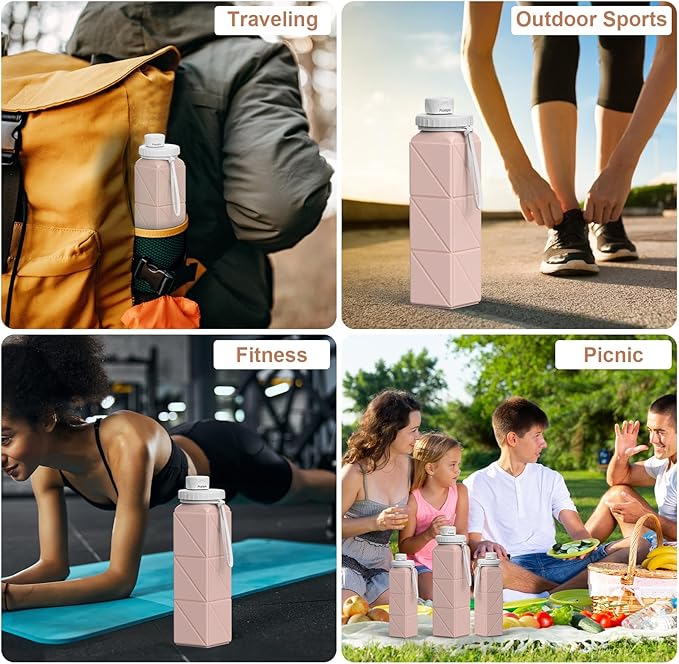Collapsible Water Bottles, Portable Lightweight Reusable Leak-Proof BPA-Free Silicone Foldable Water Bottle for Travel Hiking Camping Gym Outdoor Activities Sports,Detachable for Dishwasher