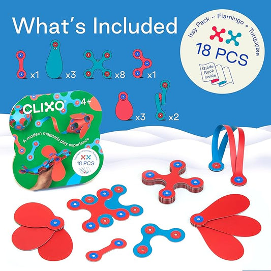 Clixo Itsy Magnetic Toy for Kids - Flexible, Durable, Imagination-Boosting Magnet Building Toy. Educational Multi-Sensory STEM Experience. Great as a Travel Game. Ages 4-99. 18 Piece Pack