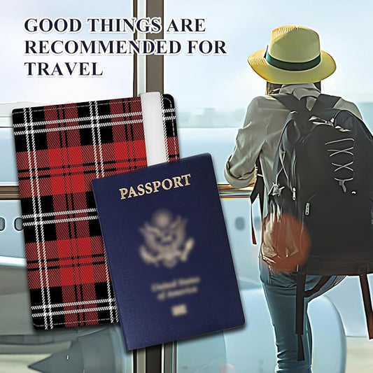 Passport Holder for Travel Essentials, RFID Premium Leather Passport Wallet Cover Case for Travel Must Haves Accessories, Passport Book Holders for Women Men Luxury Red Plaid