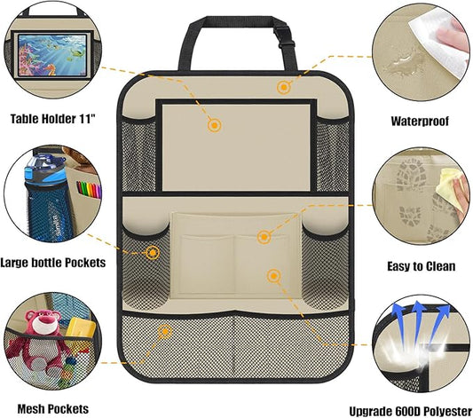 Car Backseat Organizer with 11" Table Holder, 10 Storage Pockets Seat Back Protectors Kick Mats for Kids Toddlers, Travel Accessories, 2 Pack, Beige