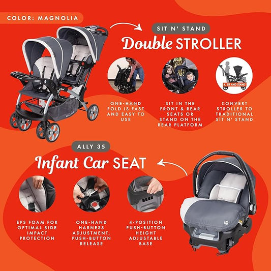 Baby Trend Infant and Toddler Double Stroller & Car Seat Combo, 2 Pc Set, Magnolia - Portable and Lightweight Stroller Duo and Car Seat Travel System Tandem