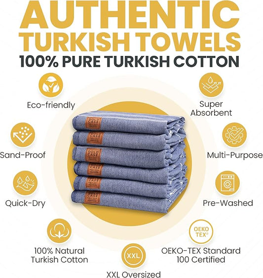 Gold CASE LYCIA Turkish Beach Towel Set of 6 โ 100% Cotton Turkish Beach Towels Bulk 70 x 38'' โ LYCIA Oversized, Quick Dry & Sand Free Beach Towel โ Lightweight Towels Set in Navy Blue