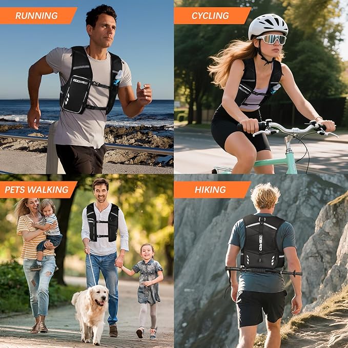 Running Vest for Women Men, Phone Pocket Running Hydration Vest with 500ML Soft Flask, Adjustable Chest Waist Straps, 10 Pockets Reflective Breathable Hydration Vest for Hiking, Biking, Marathon