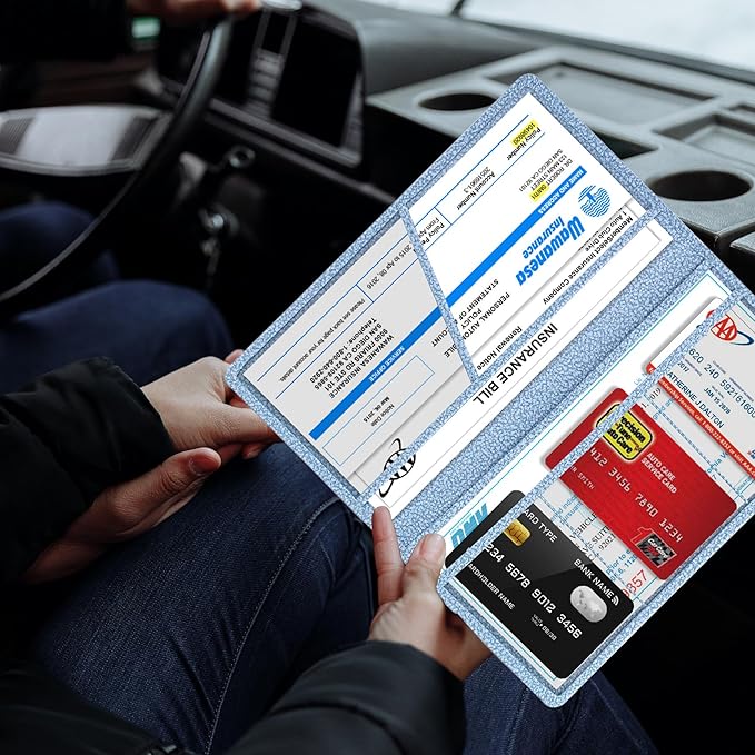 TOURSUIT Car Registration and Insurance Card Holder, Vehicle License Document Glove Box Compartment Organizer, Essential Car Wallet Case for Driver Auto Owners (M Light Blue)