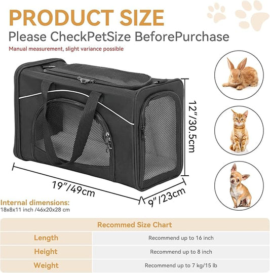 βPetsfit Airline Approved Pet Carrier for Small Dogs & Cats, 19x9x12 TSA Approved Carrier, with Removable Dual-Sided Padding (2-Way Placement) - Fits Under Most Airplane Seats, Escape Proof (Black)
