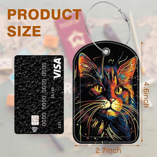 2 Pack Luggage Tag for Suitcase Colorful Cat Leather Suitcase Tags with Privacy Name ID Label and Stainless Steel Loop for Travel Bag