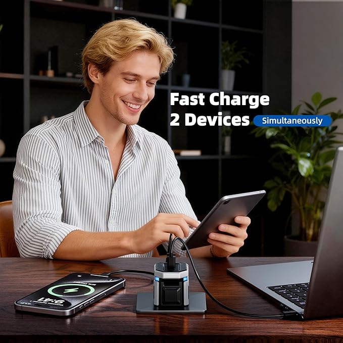 45W GaN Dual-USB-C Fast Charger - Mecha Robot Style with Touch-Sensitive Breathing Light, Foldable Plug for iPhone 17/16, iPad Pro, Galaxy S24, Pixel 9, Ultra Compact Travel Charger Tech Gift