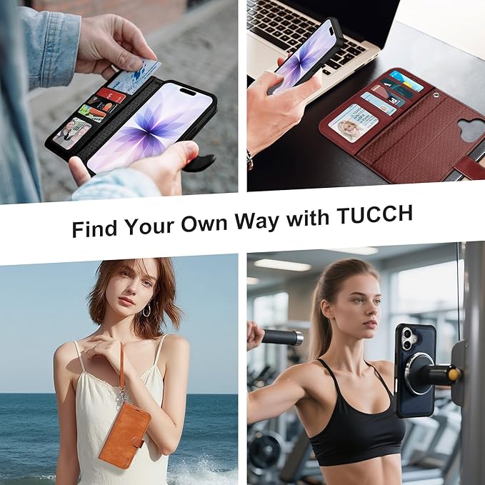 TUCCH 2-in-1 Detachable Wallet Case for iPhone 17 (6.3-inch) 2025, Wireless Charging | RFID Blocking 4 Card Holders | Wrist Strap | Kickstand | Magnetic | PU Leather Folio Cover | Chocolate Brown
