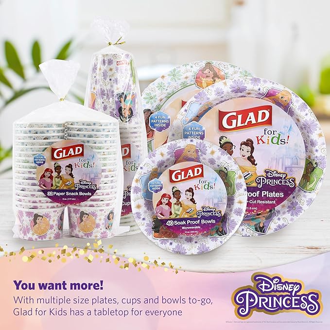 Glad for Kids Disney Princess Disposable Paper Bowls, Floral Frames - Heavy Duty, Soak Proof, Microwavable, Kid-Friendly Snack Bowls for Everyday Use, 12 Ounce, 40 Count