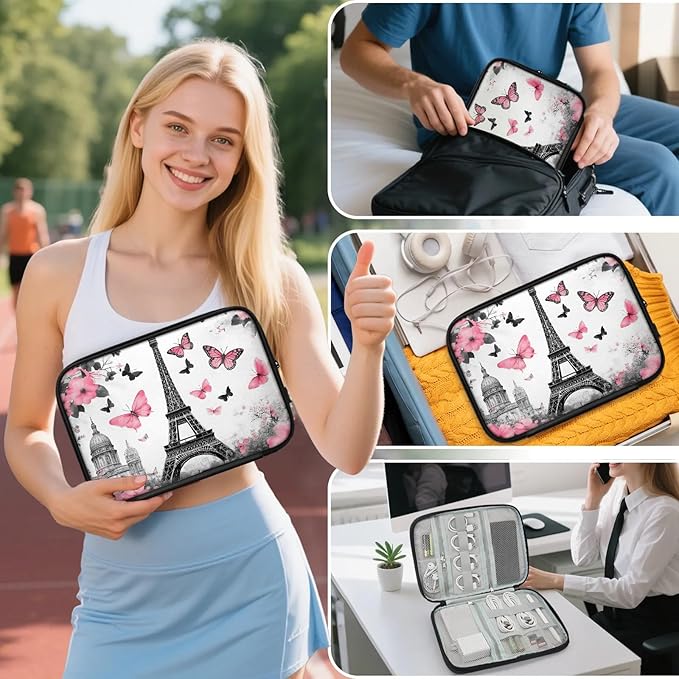 Paris Eiffel Tower Travel Cable Organizer Pouch Pink Butterfly Rose Electronics Accessories Carry Case Portable Water Resistant Storage Bag for Cord Charger Phone Earphone SD Card