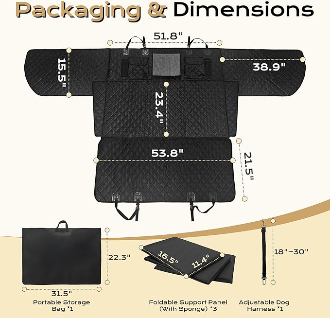 Dog Car Seat Cover for Back Seat Extender, 450 lbs Hard Bottom Waterproof Pet Hammock with Door Protection, Non-Slip Scratchproof Car Bed for Dogs, Fits SUV, Truck & Sedan