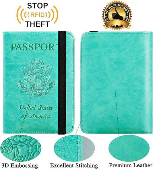 Passport Holder Cover Wallet Travel Essentials RFID Blocking Leather Card Case International Must Haves Travel Accessories for Women Men(101#Green)