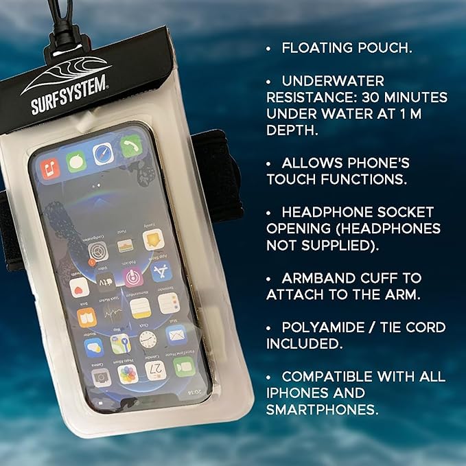 SURF SYTSTEM Floating Waterproof Pouch, w/Neoprene Armband + Audio Jack for Smartphone + Screen Touch Functionality - Drybag Case, iPhone, Android for Surfing, Bodyboarding, Fishing, Boating, Kayaking
