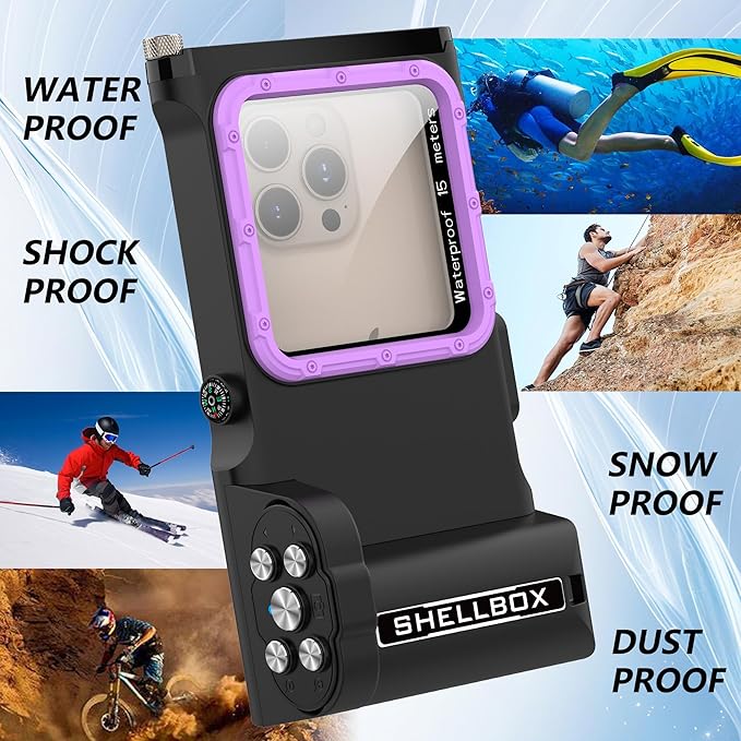 ShellBox Case Bluetooth Diving Phone Cover Housing – IP68 Waterproof 50FT/15M, Universal Fit with iPhone/Samsung/Android – Underwater Filming Photo Video for Snorkeling, Scuba Swimming, Black Purple