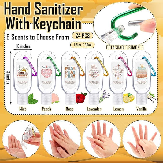 24 Pack Christian Hand Sanitizer Keychains Bible Verse Mini Hand Sanitizer Keychains Bulk Travel Size Religious Christian Gift for Women Teacher Coworker Wedding Church Christmas party Favors