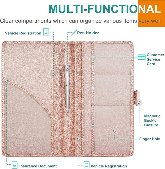 RSAquar Car Registration & Insurance Holder, Vehicle Glove Box Organizer, Cool Accessories for ID, Driver License Cards & Essential Documents, Glitter Rose Gold